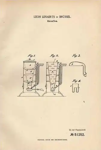 Original Patentschrift - L. Lenaerts in Brüssel , 1889 , Gasofen , Ofen , Heizung   !!!