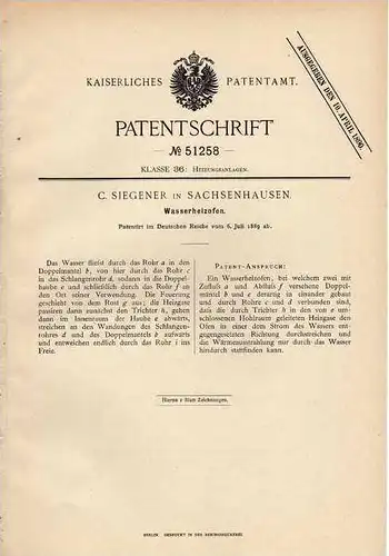 Original Patentschrift - C. Siegener in Sachsenhausen , 1889 , Wasserheizofen , Ofen !!!