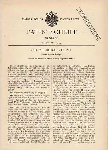 Original Patentschrift - C. Ullrich in Leipzig , 1889 , schreibende Puppe !!!