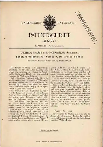 Original Patentschrift - W. Prasse in Langenbielau , 1889 , Schutz für Walzwerke  !!!