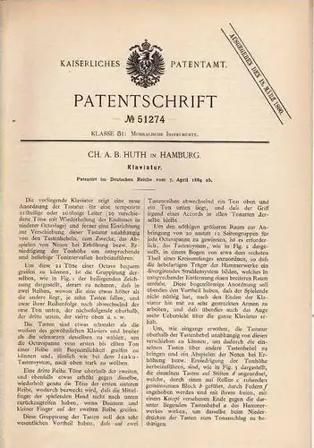 Original Patentschrift - C. Huth in Hamburg , 1889 , Klaviatur , Klavier , Pianio , Flügel !!!