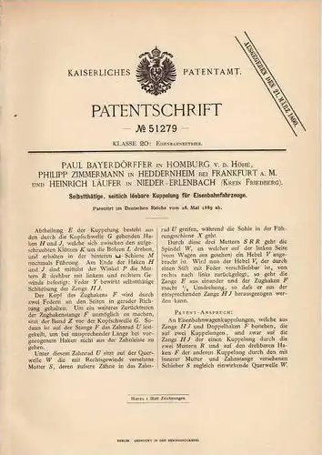Original Patentschrift - H. Läufer in Erlenbach , Homburg und Heddernheim , 1889 , Kupplung für Eisenbahn !!!