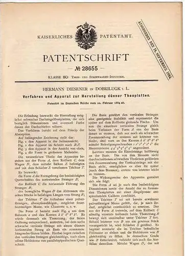 Original Patentschrift - H. Diesener in Dobrilugk i.L., 1884 , Herstellung dünner Platten aus Thon !!!