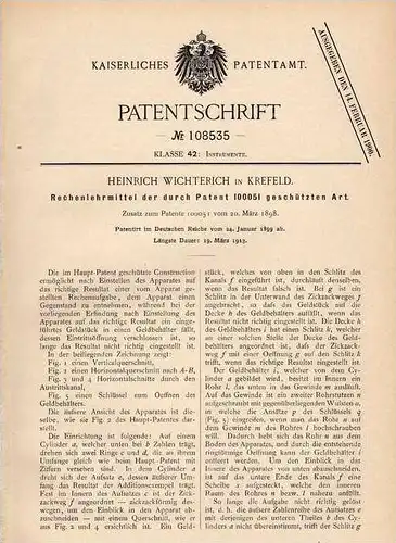 Original Patentschrift - H. Wichterich in Krefeld , 1899 , Lehrmittel zum Rechnen , Mathematik , Unterricht , Schule !!!