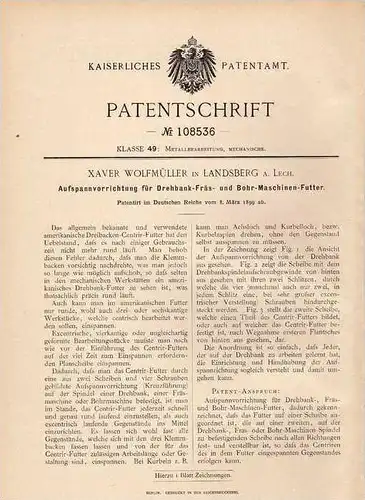 Original Patentschrift - X. Wolfmüller in Landsberg a. Lech , 1899 , Spanner für Drehbank und Fräsmaschine !!!