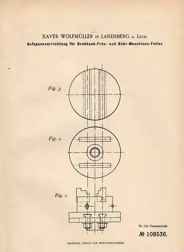 Original Patentschrift - X. Wolfmüller in Landsberg a. Lech , 1899 , Spanner für Drehbank und Fräsmaschine !!!