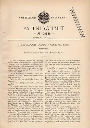 Original Patentschrift - J. Combe in Nanterre , Seine , 1898 , Camera , Lochcamera , Photographie !!!