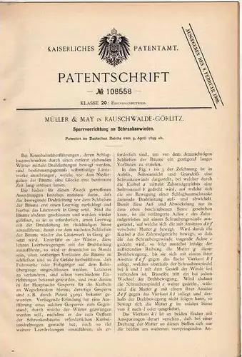 Original Patentschrift - Müller & May in Rauschwale - Görlitz , 1899 , Winde für Schranke , Schlagbaum !!!