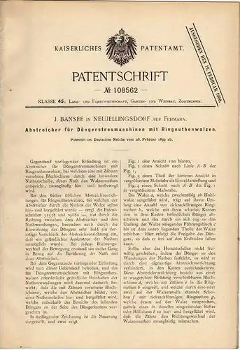 Original Patentschrift - J. Bansee in Neujellingsdorf auf Fehmarn , 1899 , Düngerstreumaschine , Landwirtschaft !!!