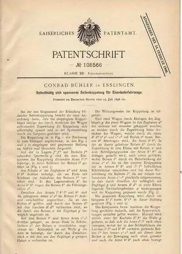 Original Patentschrift - C. Bühler in Esslingen , 1898 , Kupplung für Eisenbahn !!!