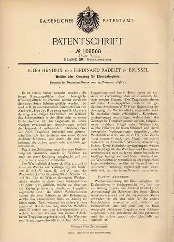 Original Patentschrift - F. Radelet in Brüssel , 1898 , Weiche oder Kreuzung für Gleise , Eisenbahn !!!