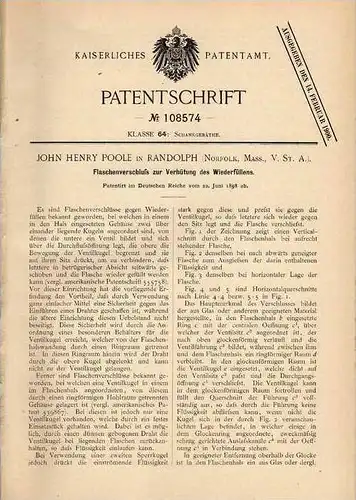 Original Patentschrift - J. Poole in Randolph , USA , 1989 , Verschluss für Flaschen  !!!
