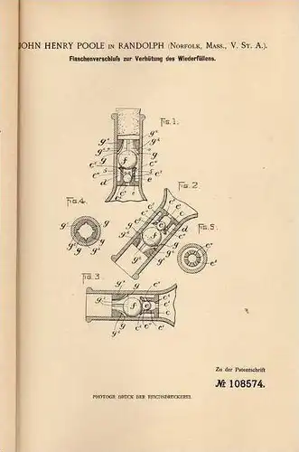 Original Patentschrift - J. Poole in Randolph , USA , 1989 , Verschluss für Flaschen  !!!