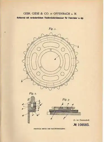 Original Patentschrift - Gebr. Giese & Co in Offenbach a.M., 1899 , Kettenrad für Fahrräder !!!