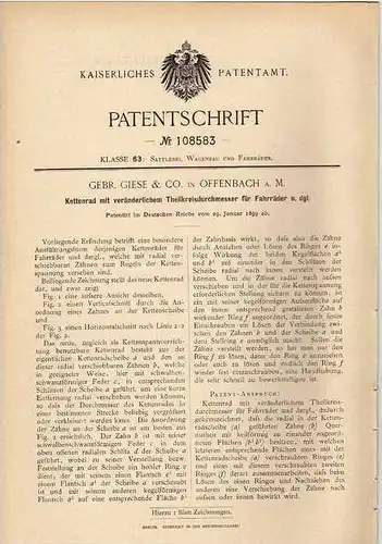 Original Patentschrift - Gebr. Giese & Co in Offenbach a.M., 1899 , Kettenrad für Fahrräder !!!