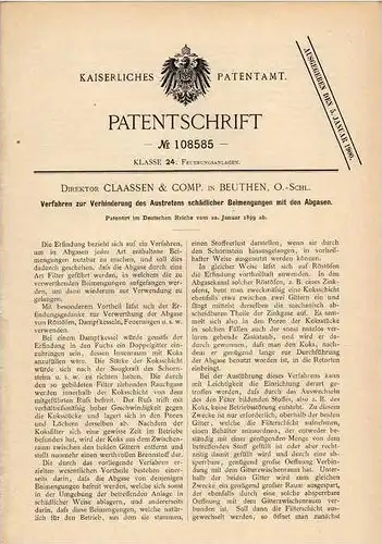 Original Patentschrift - Direktor Claasen & Co in Beuthen , 1899 , Verhinderung von schädlichem Abgas !!!