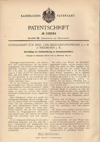Original Patentschrift - Heiz- und Beleuchtungswesen GmbH in Heilbronn , 1897 , Carbidzuführung für Acetylenentwickler !