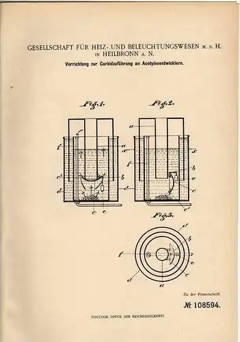 Original Patentschrift - Heiz- und Beleuchtungswesen GmbH in Heilbronn , 1897 , Carbidzuführung für Acetylenentwickler !