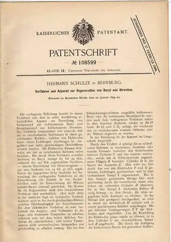 Original Patentschrift - H. Schulze in Bernburg , 1899 , Apparat zur Regeneration von Baryt und Strontian !!!