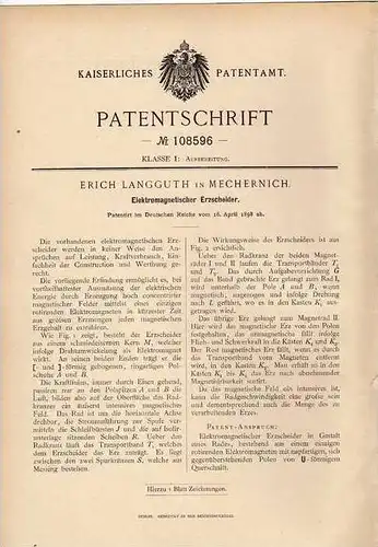 Original Patentschrift - E. Langguth in Mechernich , 1898 , elektromagnetischer Erzscheider , Erz !!!
