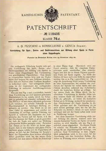 Original Patentschrift - A. Pizzorni in Rossiglione b. Genua , 1899 , Spul- und Zwirnmaschine , Genova !!!