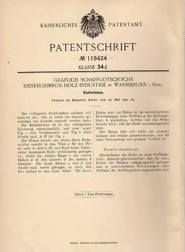 Original Patentschrift - Gräfliche Riesengebirgs Holzindustrie in Warmbrunn , 1900 , Kleiderhaken !!!