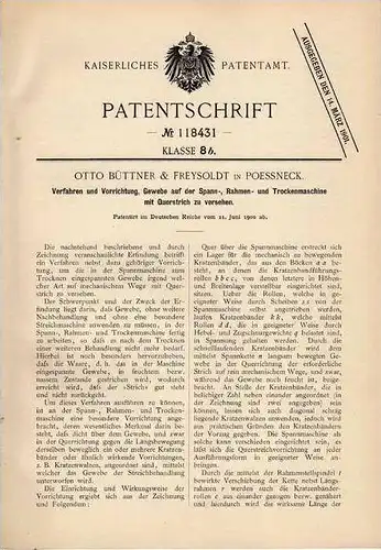 Original Patentschrift - O. Büttner in Poessneck , 1900 , Spann- und Trockenmaschine für Gewebe , Pößneck !!