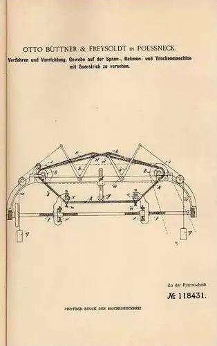 Original Patentschrift - O. Büttner in Poessneck , 1900 , Spann- und Trockenmaschine für Gewebe , Pößneck !!