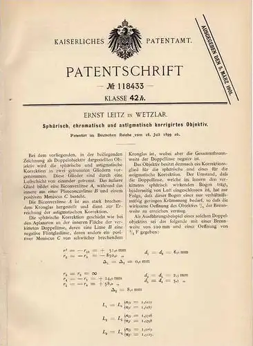 Original Patentschrift - E. Leitz in Wetzlar , 1899 , Objektiv , sphärisch und astigmatisch !!!