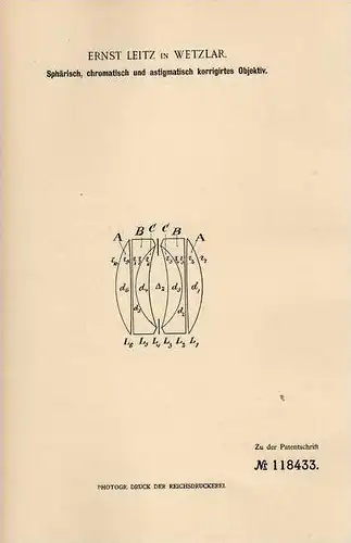 Original Patentschrift - E. Leitz in Wetzlar , 1899 , Objektiv , sphärisch und astigmatisch !!!