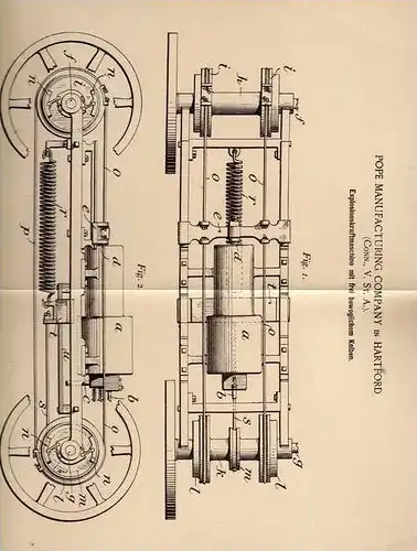 Original Patentschrift - Pope Manufacturing in Hartford , 1899 , Explosionsmaschine mit freiem Kolben !!!