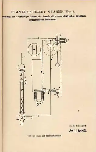 Original Patentschrift - E. Kreuzberger in Welsheim , 1900 , Speisung von Dampfkesseln !!!