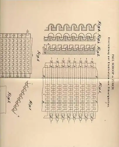 Original Patentschrift - P. Schoop in Zürich , 1899 , Elektrolyse von Flüssigkeiten  !!!