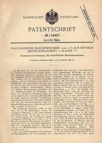 Original Patentschrift - Vogländ. Maschinenfabrik in Plauen i.V. , 1896 , Schiffchen - Stickmaschine , Stickerei !!!