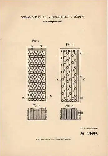 Original Patentschrift - W. Pitzner in Birkesdorf b. Düren , 1900 , Holländergrundwerk !!!