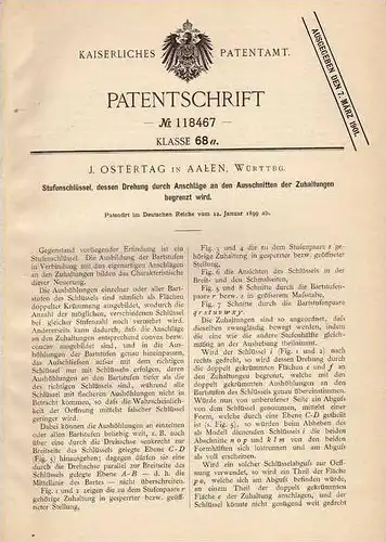 Original Patentschrift - J. Ostertag in Aalen , Württbg., 1899 , Stufenschlüssel !!!