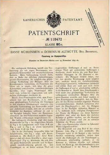 Original Patentschrift - E. Mühlenbein in Dominium Althütte , Bez. Bromberg , 1899 , Feuerung an Kammeröfen !!!