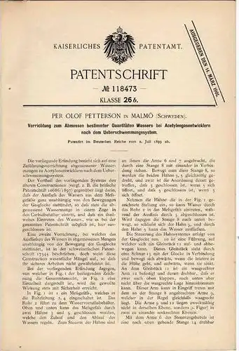 Original Patentschrift - P. Petterson in Malmö , 1899 , Meßvorrichtung für Acetylen Gasentwickler !!!