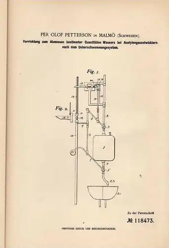 Original Patentschrift - P. Petterson in Malmö , 1899 , Meßvorrichtung für Acetylen Gasentwickler !!!