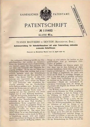 Original Patentschrift - Turner Brothers in Denton , 1898 , Hutschleifmaschine , Hut , Hüte , Zylinder !!!