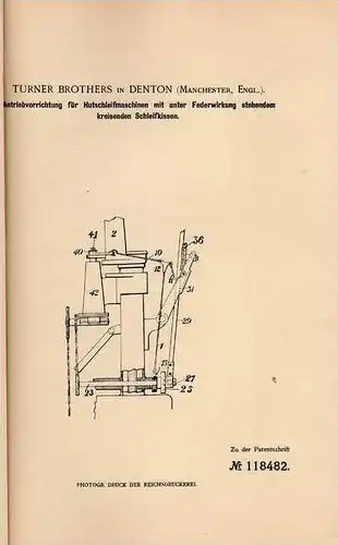 Original Patentschrift - Turner Brothers in Denton , 1898 , Hutschleifmaschine , Hut , Hüte , Zylinder !!!