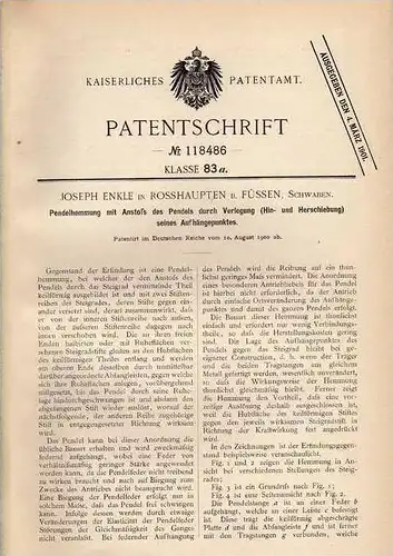 Original Patentschrift - J. Enkle in Rosshaupten b. Füssen , 1900 , Pendelhemmung , Pendel !!!