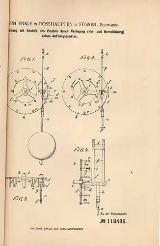 Original Patentschrift - J. Enkle in Rosshaupten b. Füssen , 1900 , Pendelhemmung , Pendel !!!