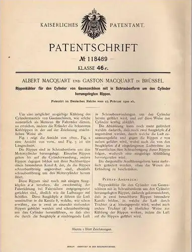 Original Patentschrift - A. Macquart in Brüssel , 1900 , Rippenkühler für Gasmaschinen !!!