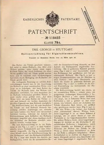 Original Patentschrift - E. Georgii in Stuttgart , 1900 , Cigarettenmaschine , Cigaretten !!!