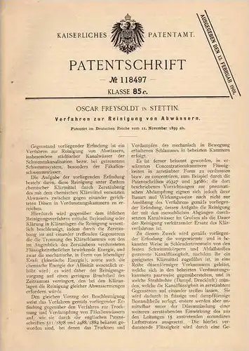Original Patentschrift - O. Freysoldt in Stettin , 1899 , Reinigung von Abwasser , Kanalisation , Klärwerk !!!