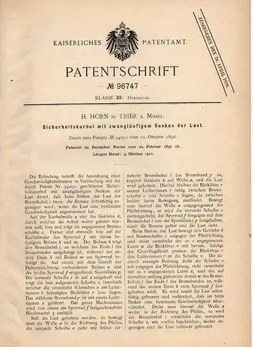Original Patentschrift - H. Horn in Trier a. Mosel , 1897 , Sicherheitskurbel mit Geschindigkeitsbremse !!!