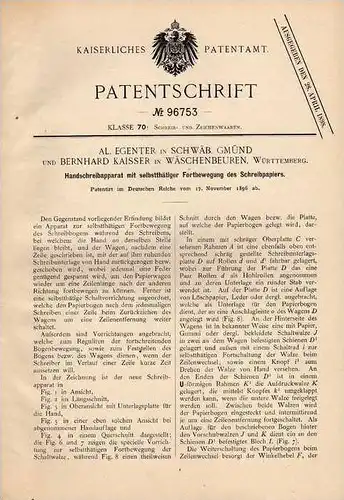 Original Patentschrift - B. Kaisser in Wäschenbeuren und Schwäb. Gmünd , 1896 , Handschreibapparat , Schreibgerät !!!