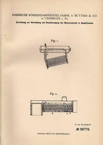 Original Patentschrift - Rheinische Dampfkesselfabrik in Uerdingen a.Rh., 1896 , Apparat für Dampfkessel !!!