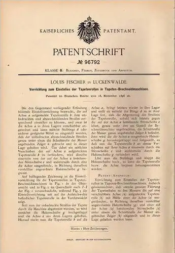 Original Patentschrift - L. Fischer in Luckenwalde , 1896 , Tapeten - Schneidemaschine , Tapete , Maler , Tapezierer !!!